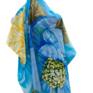 Silk Scarf Floral Blue Yellow 36 Inch Square